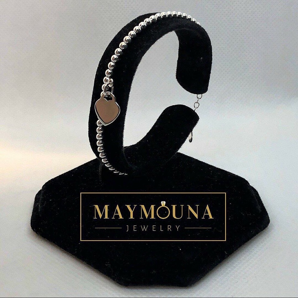 925 Sterling Silver Beaded Heart Tag Bracelet - Picture 1 of 7